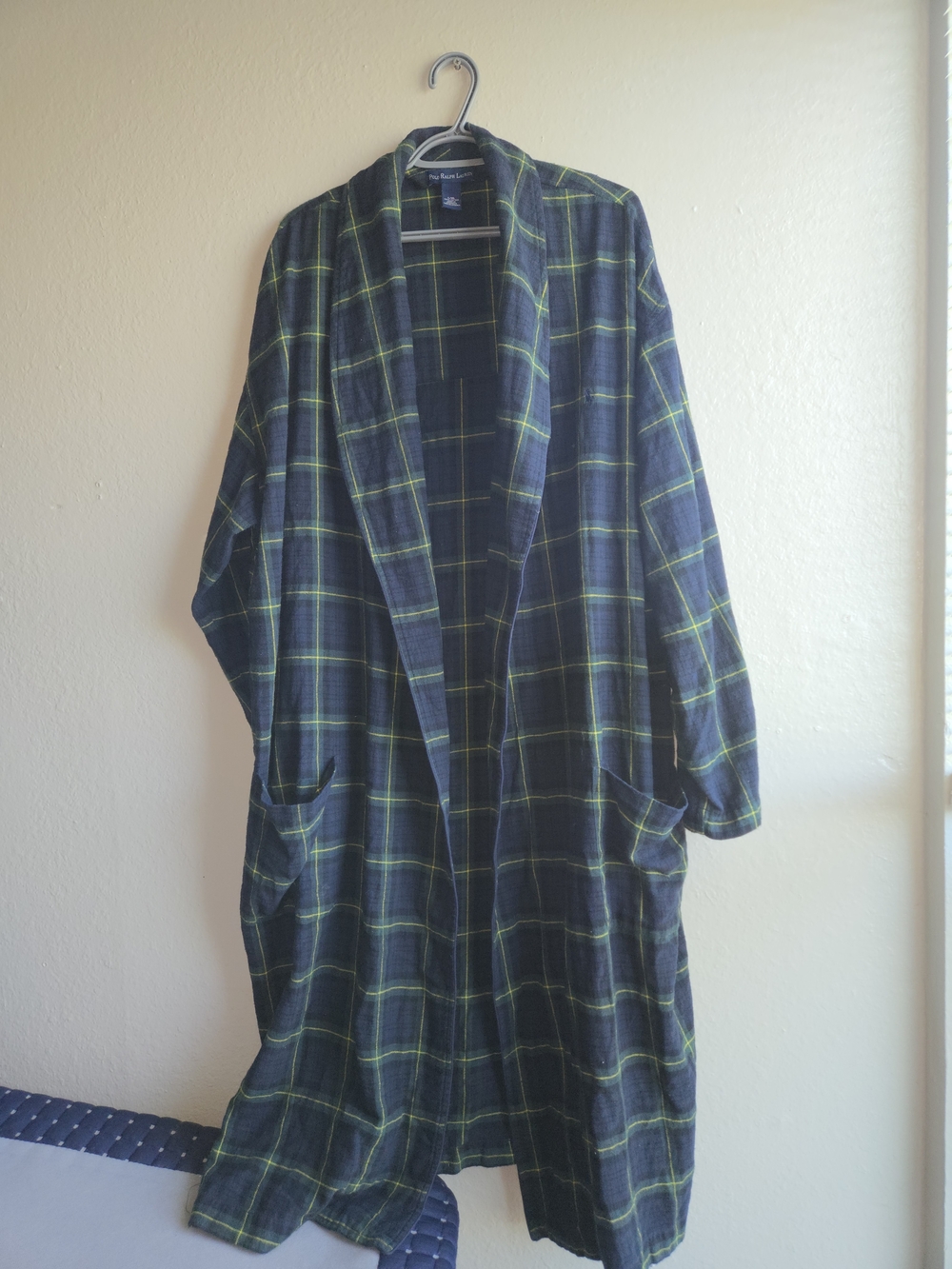 Polo Ralph Lauren Men's Plaid Robe Size L/XL Blue Green Cotton Long Bathrobe